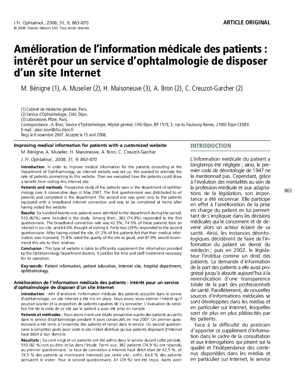 Amélioration de l'information médicale des patientsÂ : intérÃªt pour un service d'ophtalmologie de disposer d'un site Internet