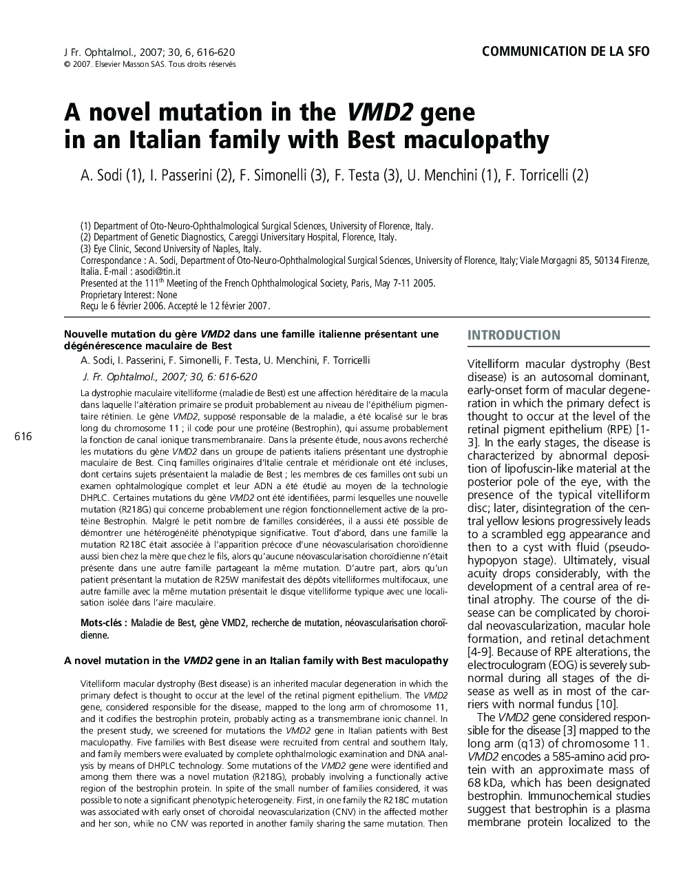 A novel mutation in the VMD2 gene in an Italian family with Best maculopathy