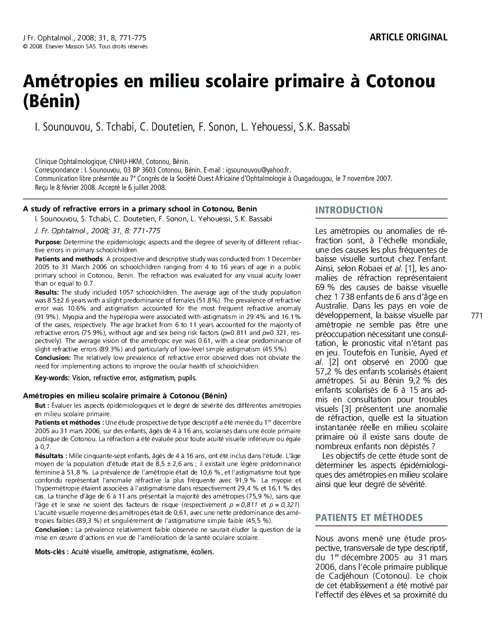 Amétropies en milieu scolaire primaire Ã  Cotonou (Bénin)