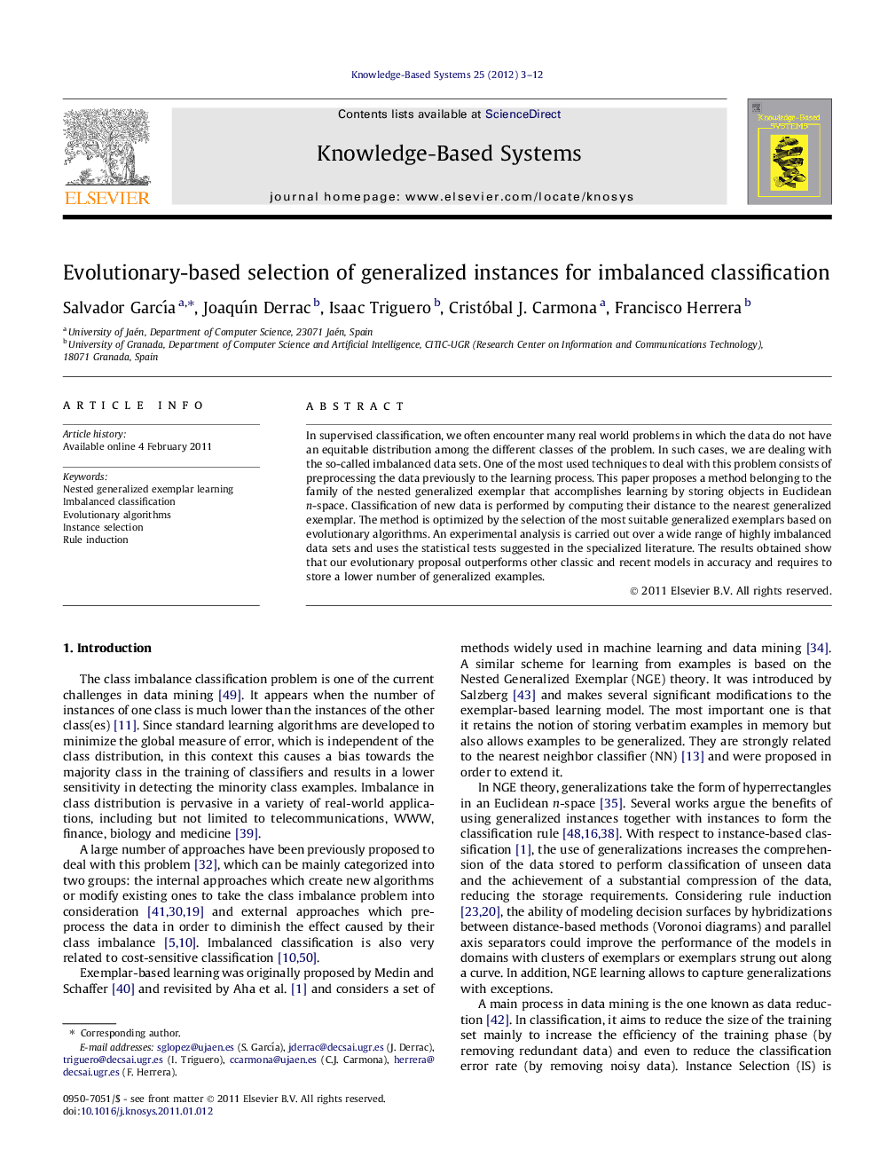 Evolutionary-based selection of generalized instances for imbalanced classification