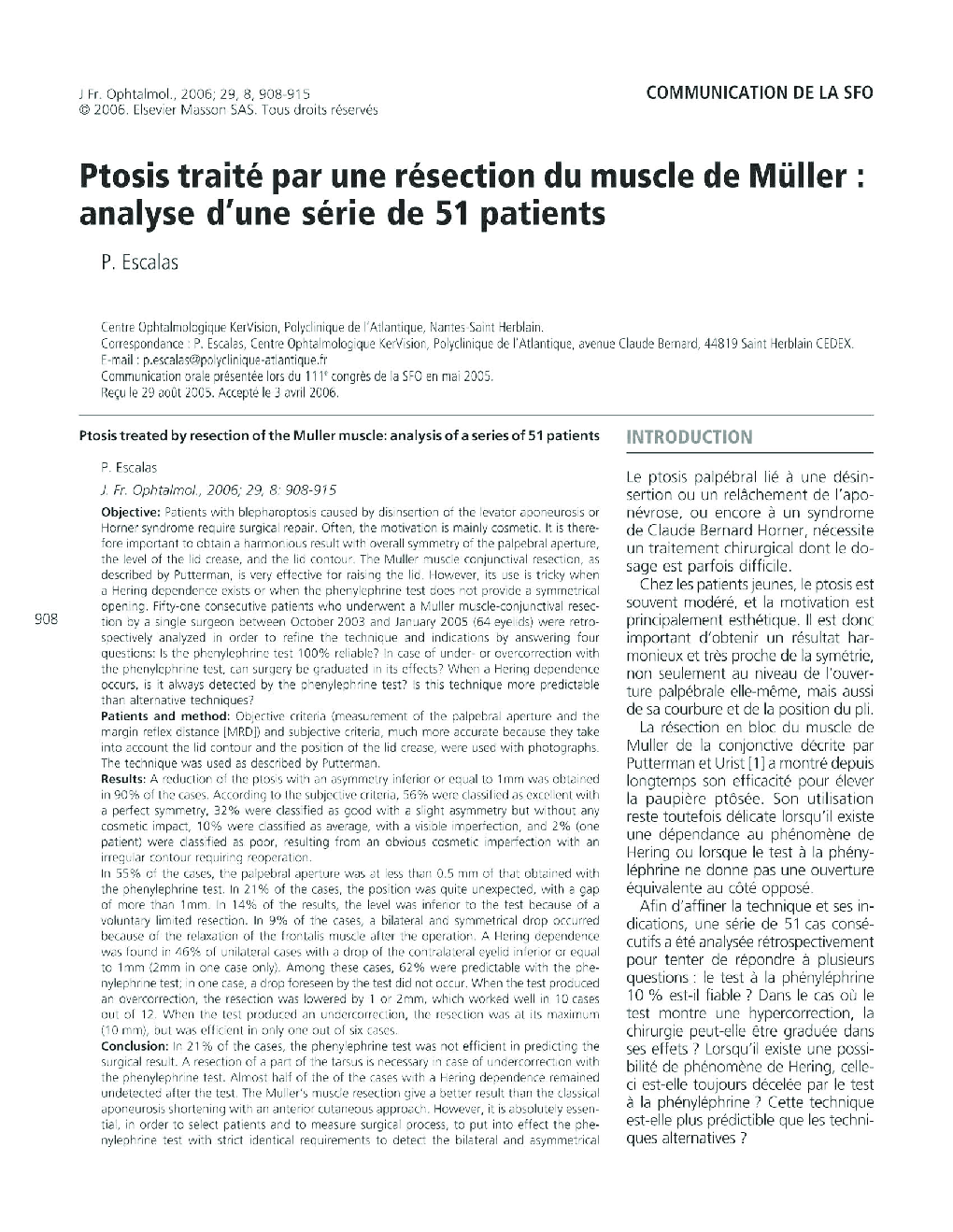 Ptosis traité par une résection du muscle de MüllerÂ : analyse d'une série de 51Â patients