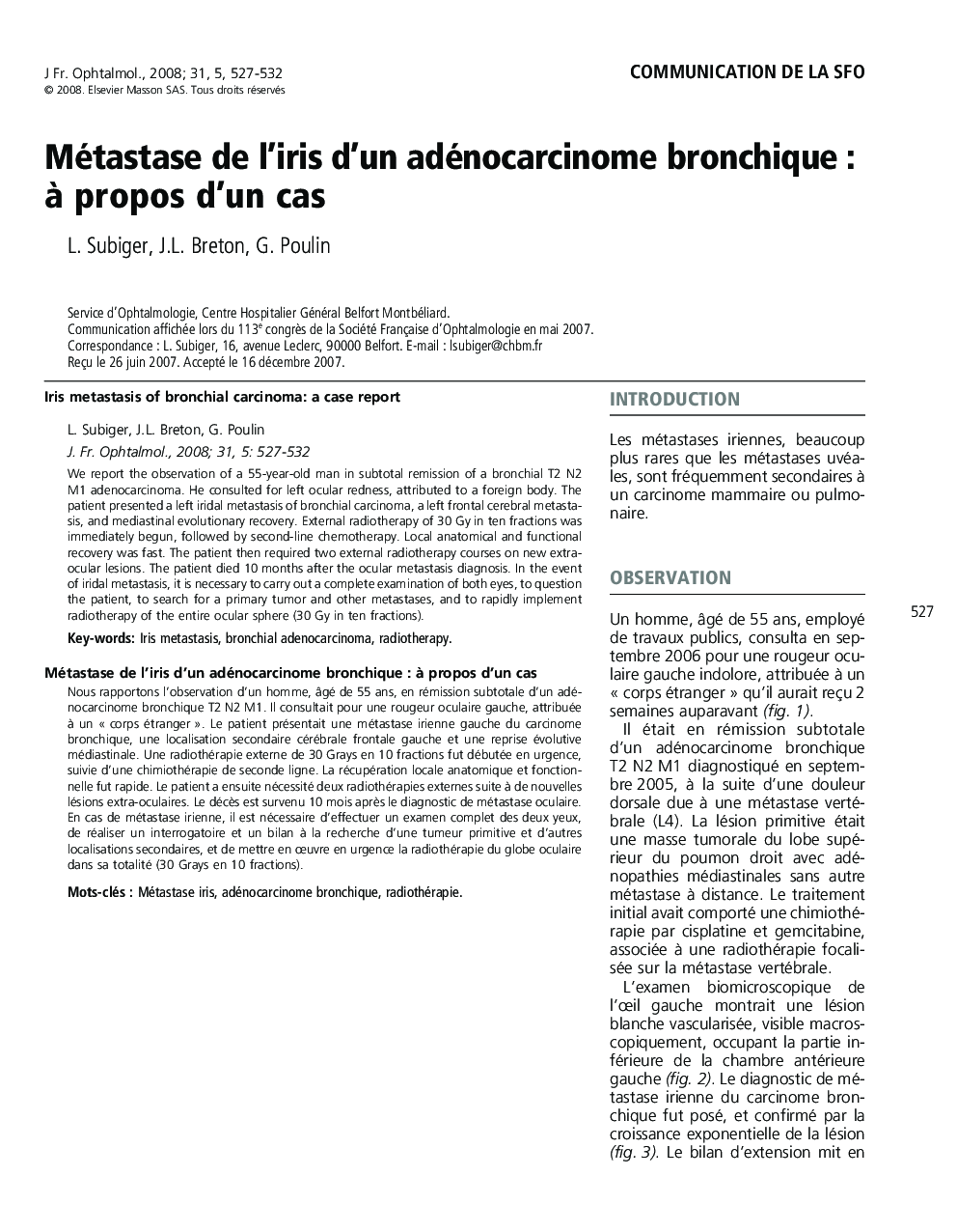 Métastase de l'iris d'un adénocarcinome bronchiqueÂ : Ã  propos d'un cas