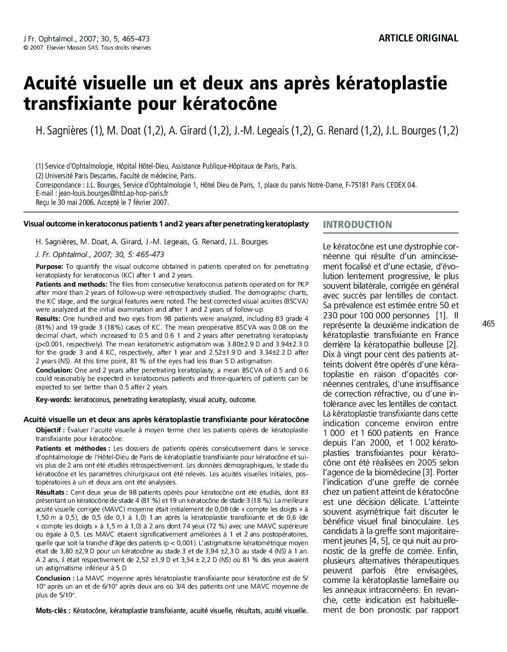 Acuité visuelle un et deux ans aprÃ¨s kératoplastie transfixiante pour kératocÃ´ne