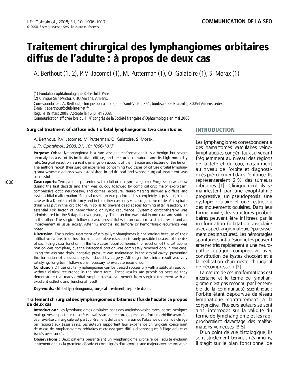 Traitement chirurgical des lymphangiomes orbitaires diffus de l'adulteÂ : Ã  propos de deux cas