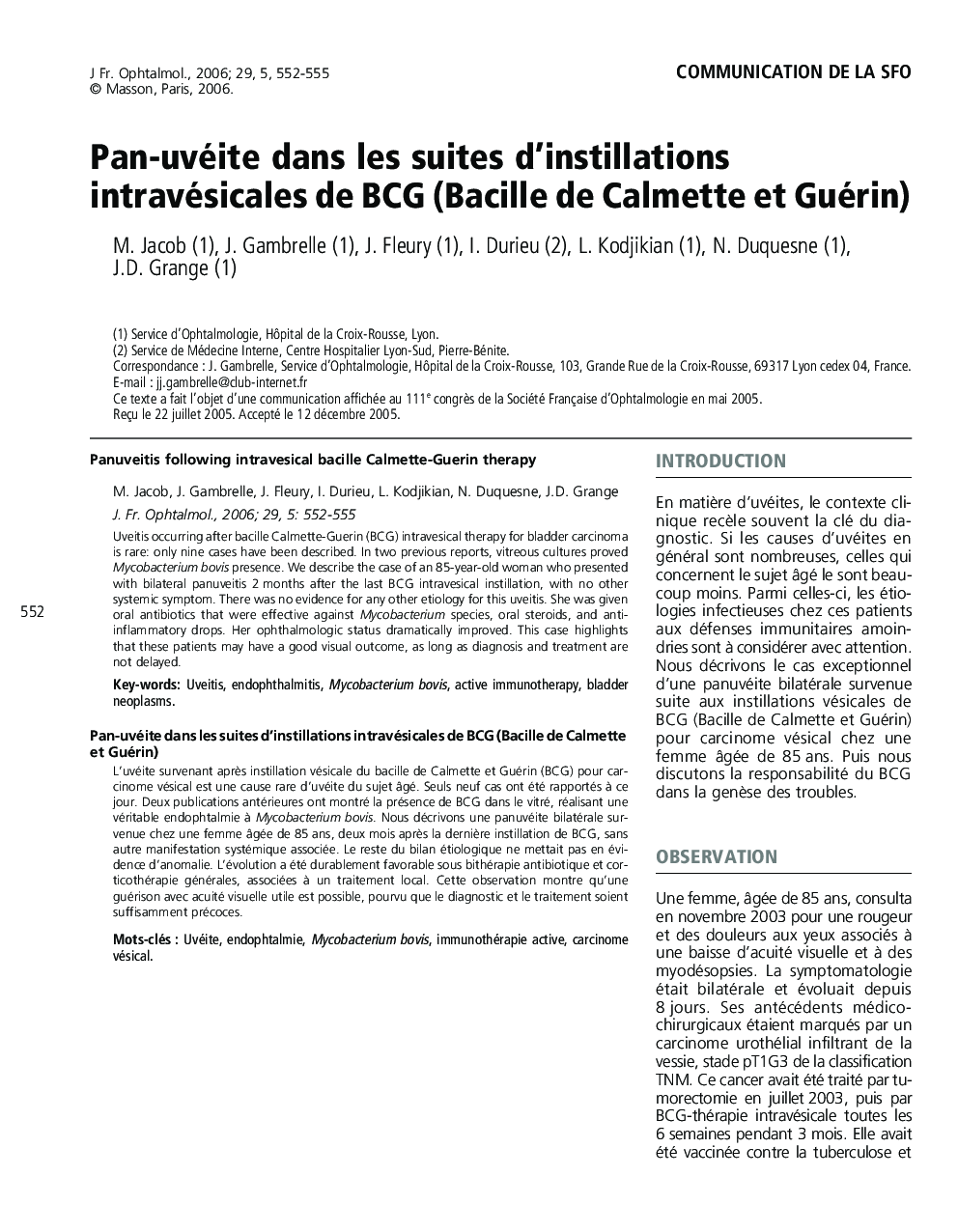 Pan-uvéite dans les suites d'instillations intravésicales de BCG (Bacille de Calmette et Guérin)