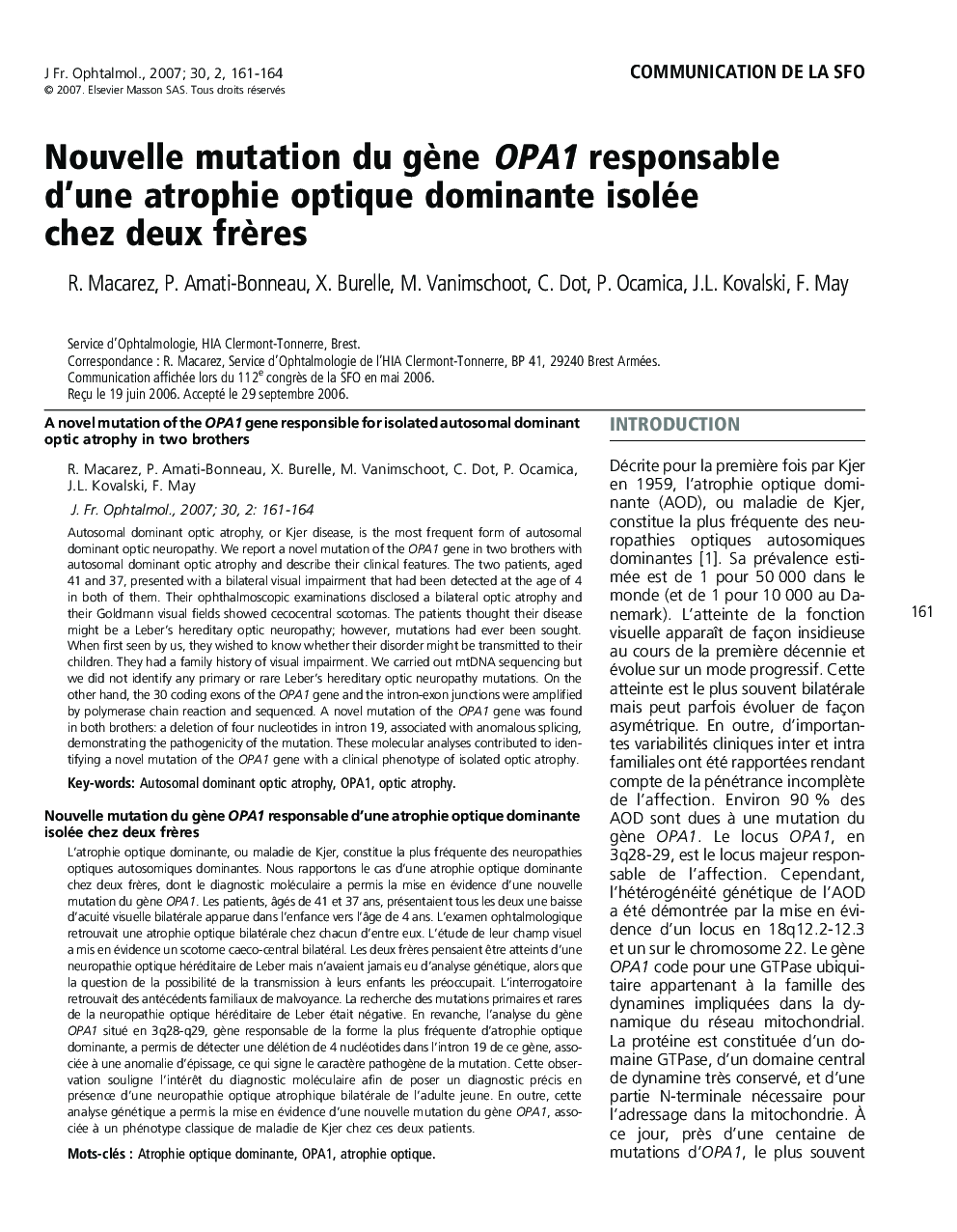 Nouvelle mutation du gÃ¨ne OPA1 responsable d'une atrophie optique dominante isolée chez deux frÃ¨res