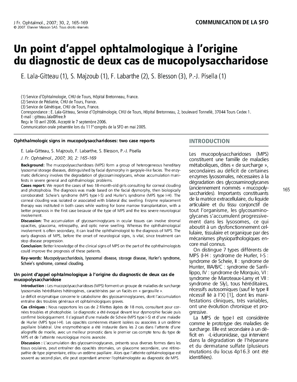 Un point d’appel ophtalmologique à l’origine du diagnostic de deux cas de mucopolysaccharidose