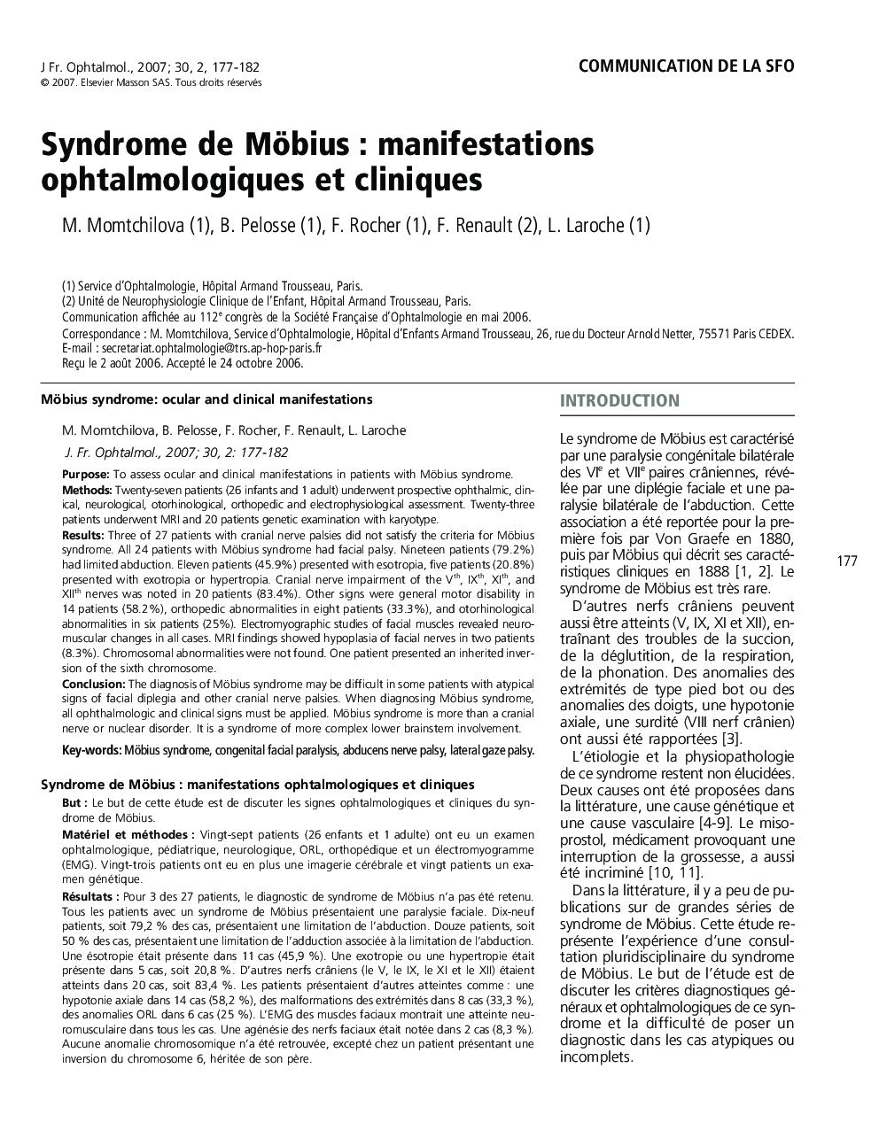 Communication de la sfoSyndrome de Möbius : manifestations ophtalmologiques et cliniquesMöbius syndrome: ocular and clinical manifestations