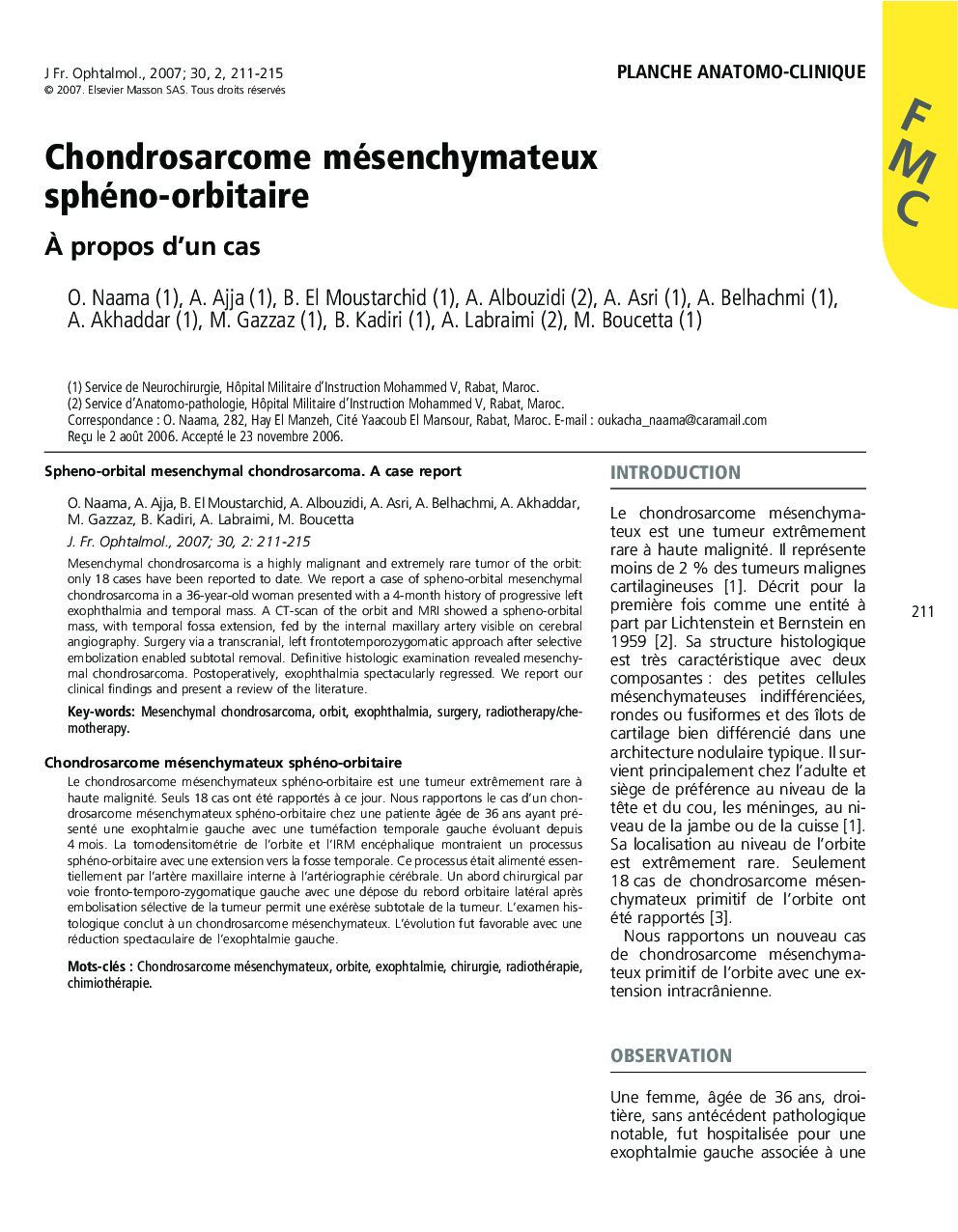 Chondrosarcome mésenchymateux sphéno-orbitaire: À propos d’un cas