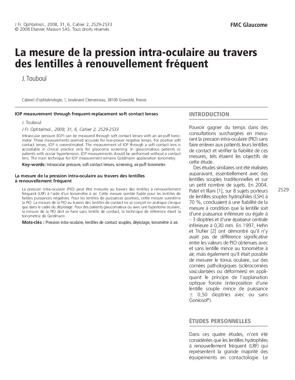 La mesure de la pression intra-oculaire au travers des lentilles à renouvellement fréquent