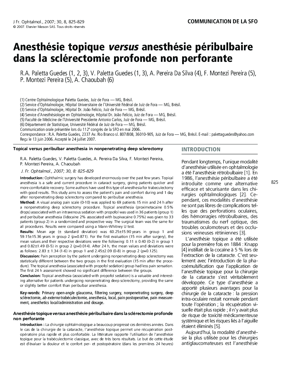 Anesthésie topique versus anesthésie péribulbaire dans la sclérectomie profonde non perforante
