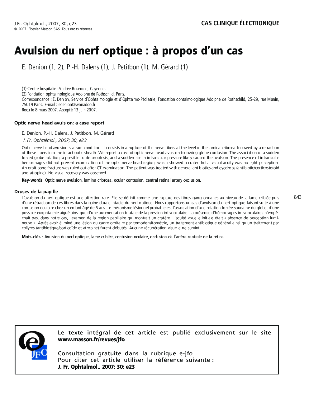 Cas clinique électroniqueAvulsion du nerf optique : Ã  propos d'un casOptic nerve head avulsion: a case report