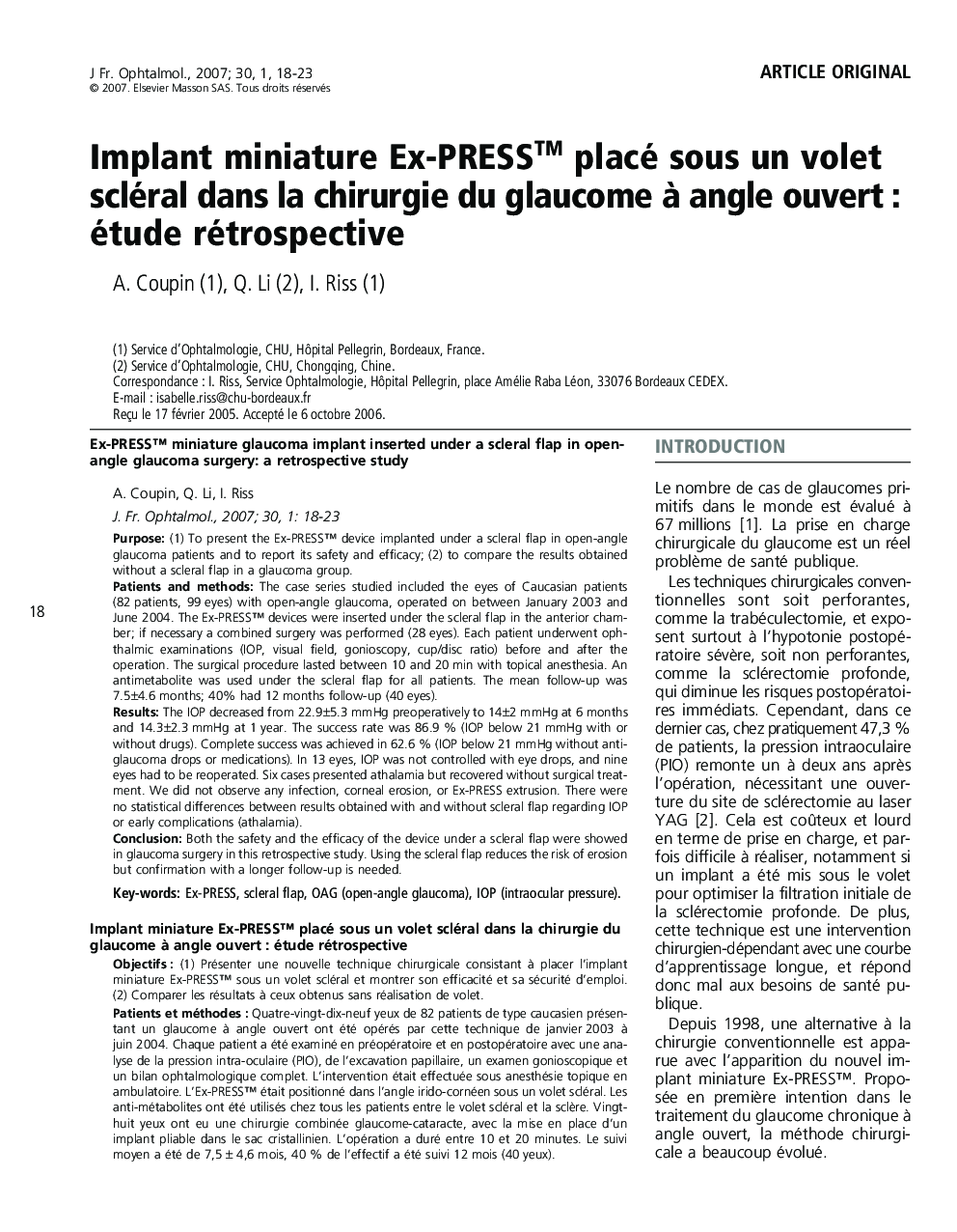 Implant miniature Ex-PRESSTM placé sous un volet scléral dans la chirurgie du glaucome à angle ouvert : étude rétrospective