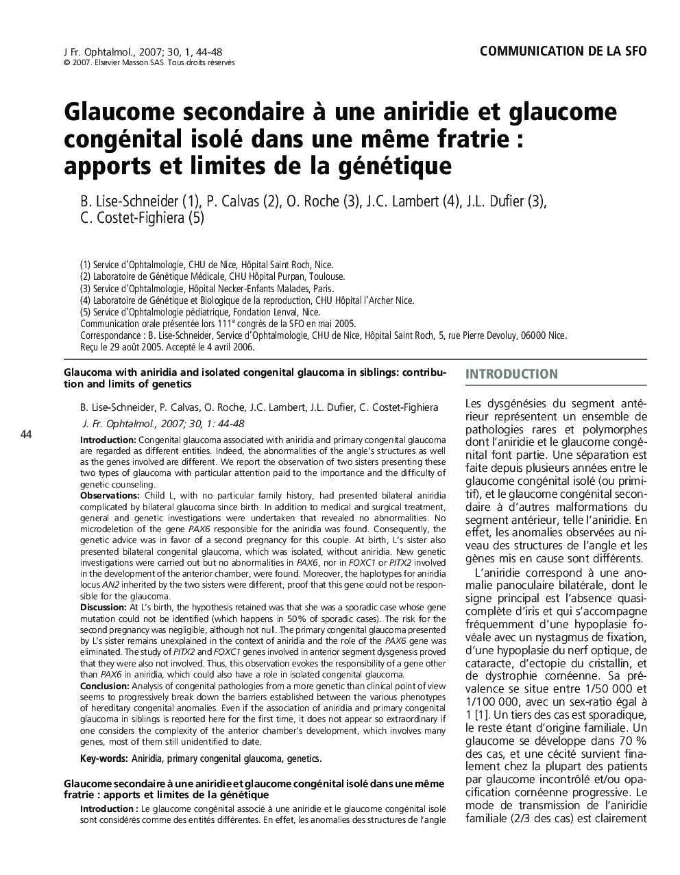 Glaucome secondaire à une aniridie et glaucome congénital isolé dans une même fratrie : apports et limites de la génétique 
