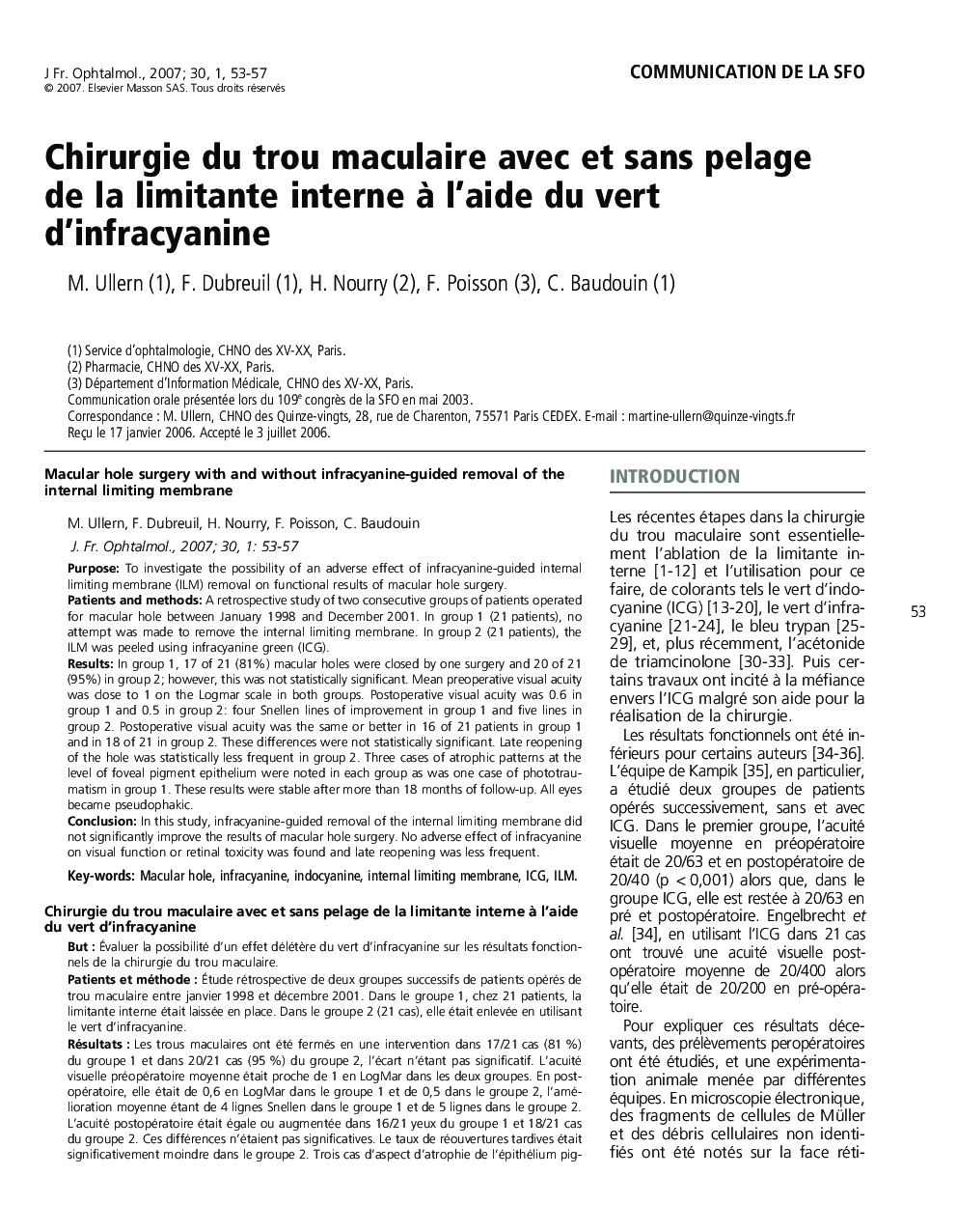 Chirurgie du trou maculaire avec et sans pelage de la limitante interne à l’aide du vert d’infracyanine 