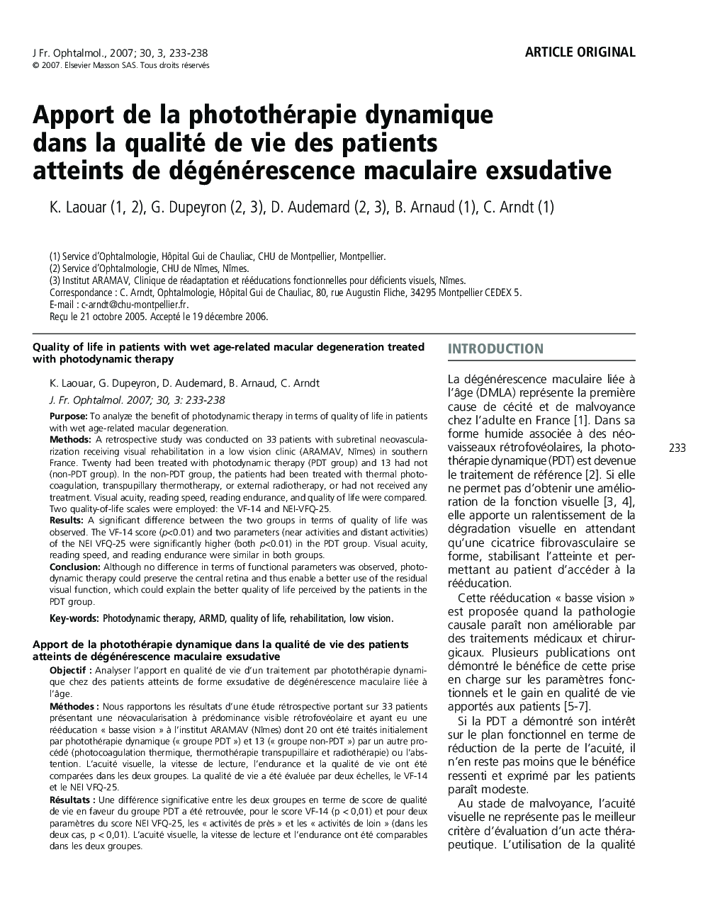 Apport de la photothérapie dynamique dans la qualité de vie des patients atteints de dégénérescence maculaire exsudative