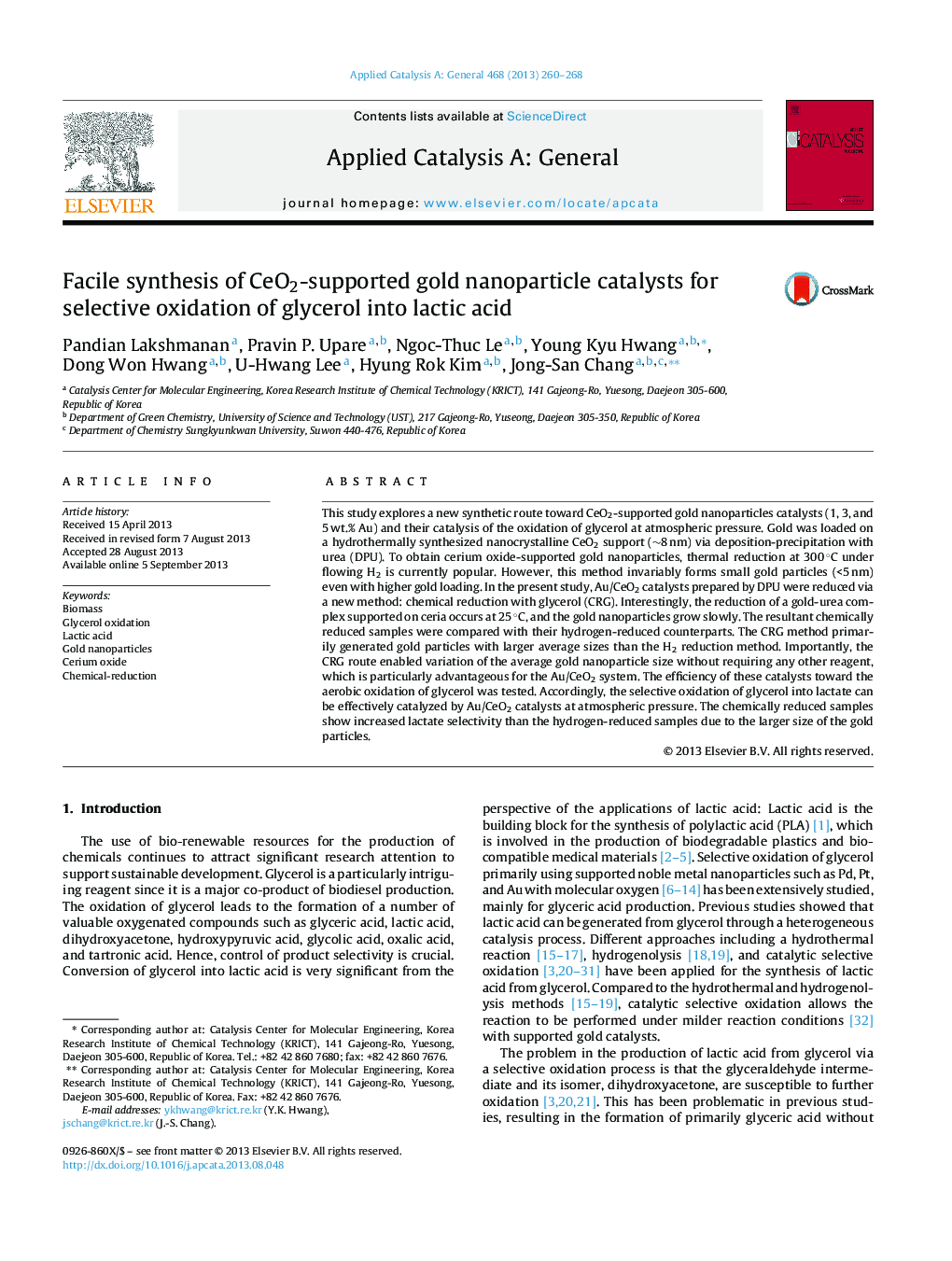 Facile synthesis of CeO2-supported gold nanoparticle catalysts for selective oxidation of glycerol into lactic acid