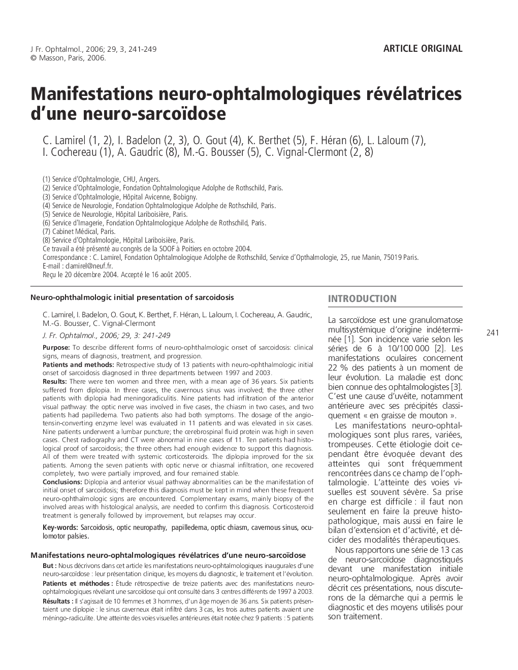 Manifestations neuro-ophtalmologiques révélatrices d'une neuro-sarcoïdose