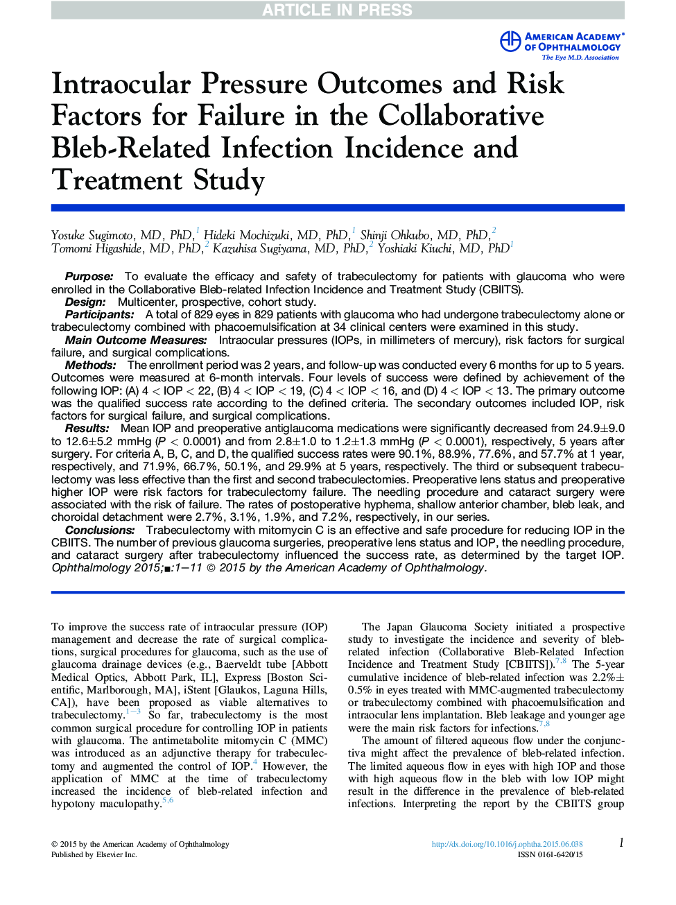 Intraocular Pressure Outcomes and Risk Factors for Failure in the Collaborative Bleb-Related Infection Incidence and Treatment Study