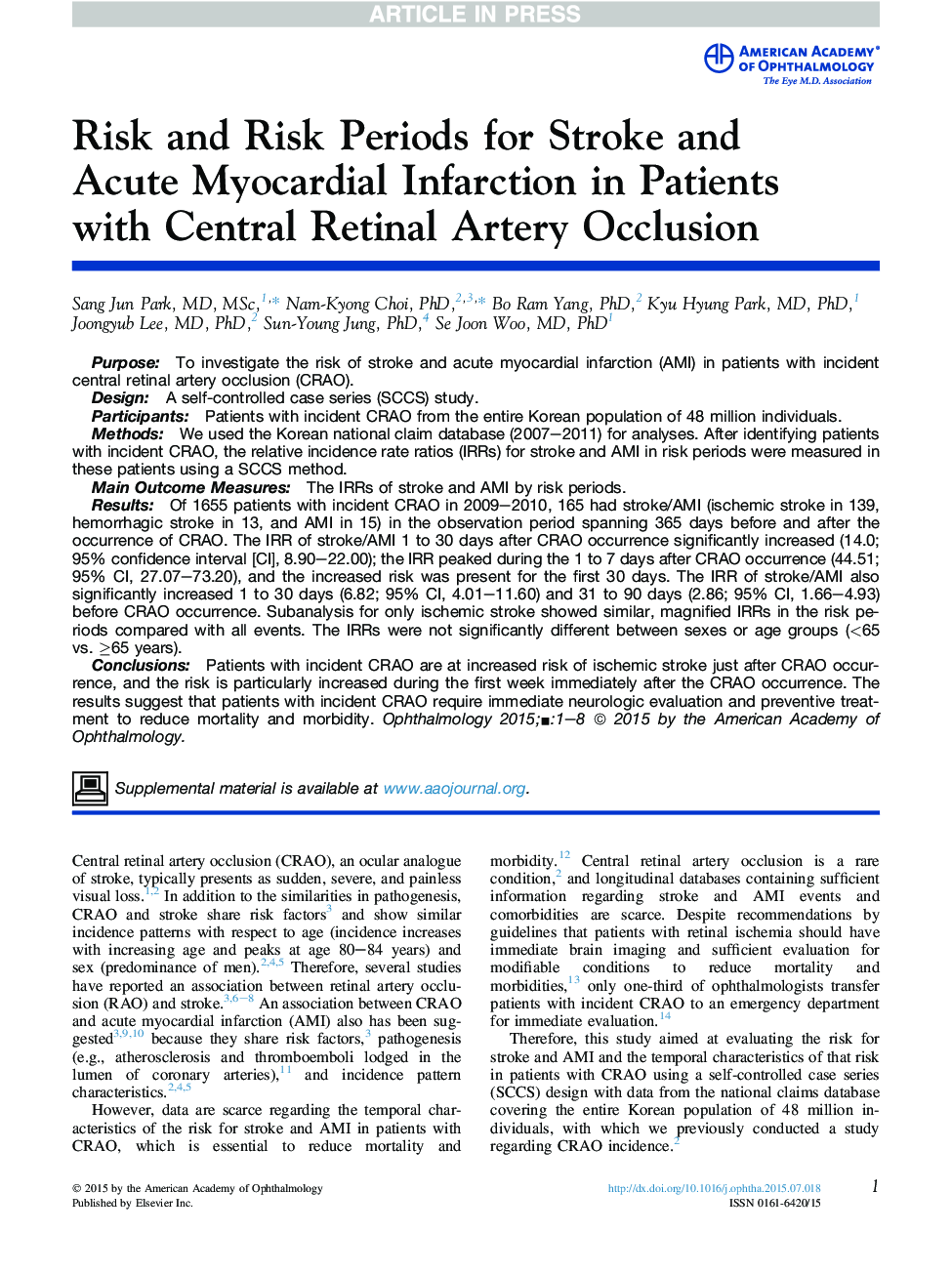 Risk and Risk Periods for Stroke and AcuteÂ Myocardial Infarction in Patients withÂ Central Retinal Artery Occlusion