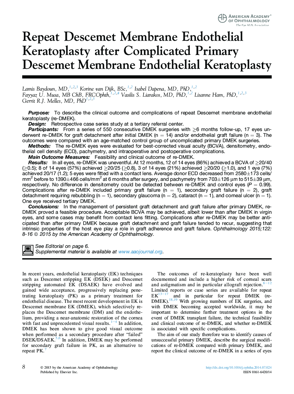 Repeat Descemet Membrane Endothelial Keratoplasty after Complicated Primary Descemet Membrane Endothelial Keratoplasty