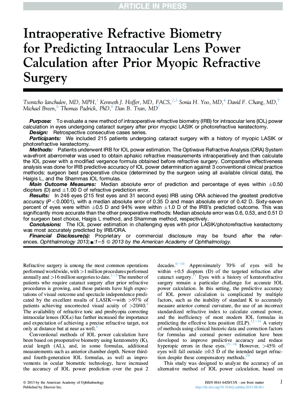 Intraoperative Refractive Biometry forÂ Predicting Intraocular Lens Power Calculation after Prior Myopic Refractive Surgery