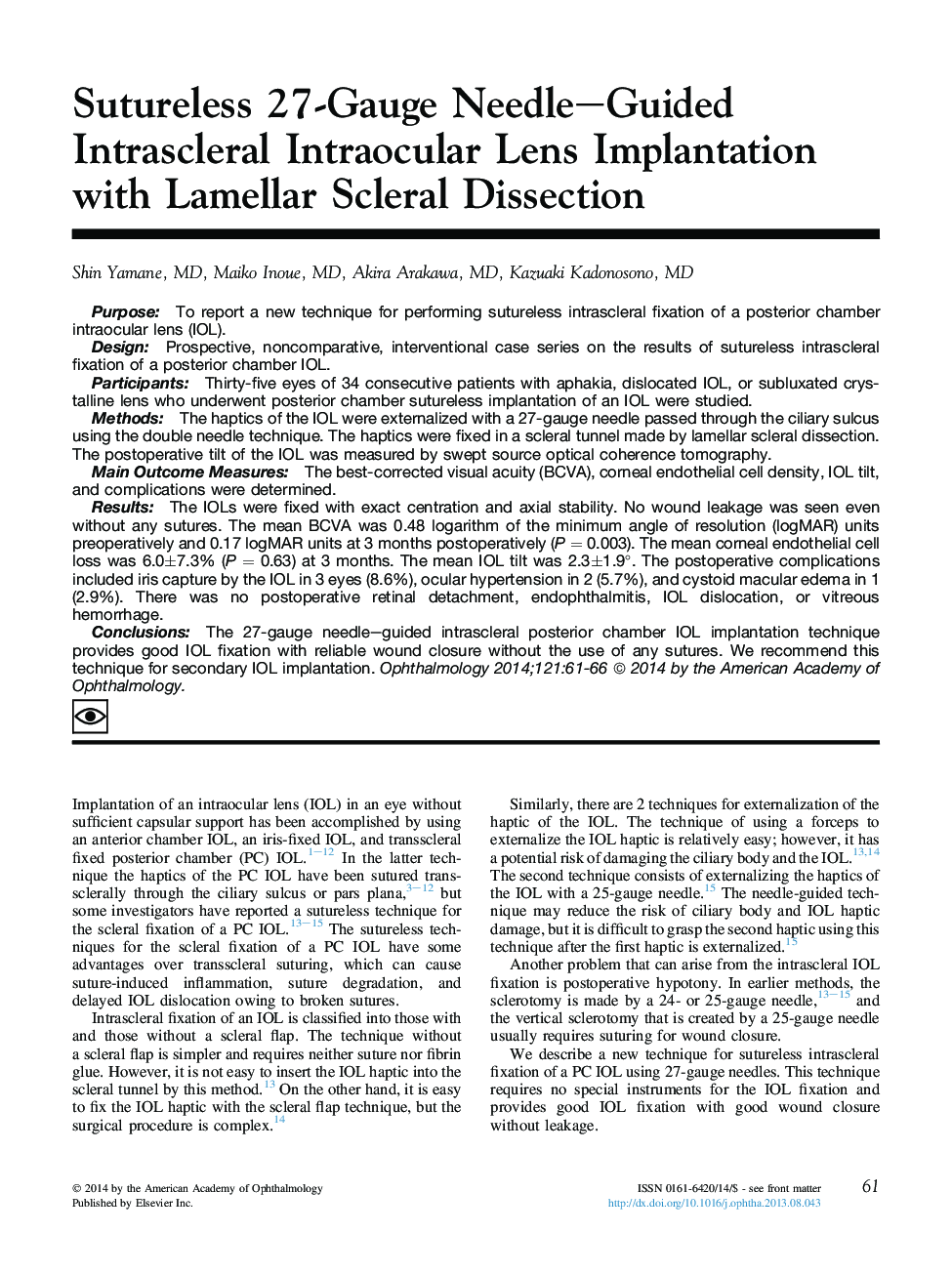 Sutureless 27-Gauge Needle-Guided Intrascleral Intraocular Lens Implantation with Lamellar Scleral Dissection