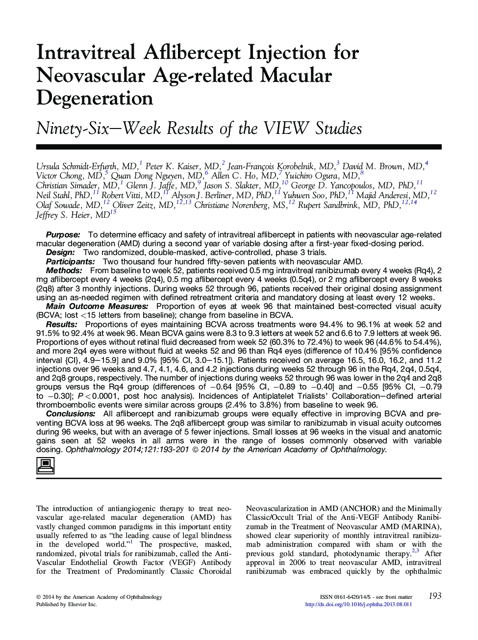 Intravitreal Aflibercept Injection for Neovascular Age-related Macular Degeneration : Ninety-Six–Week Results of the VIEW Studies