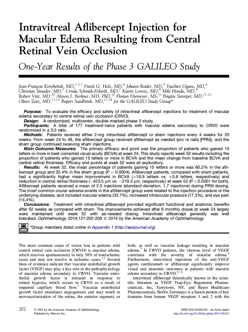 Intravitreal Aflibercept Injection for MacularÂ Edema Resulting from Central Retinal VeinÂ Occlusion