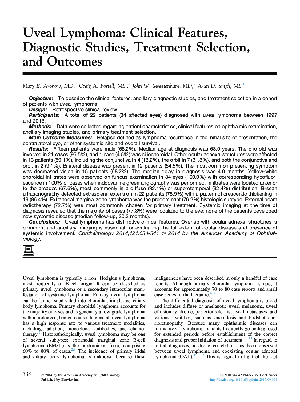 Uveal Lymphoma: Clinical Features, Diagnostic Studies, Treatment Selection, and Outcomes