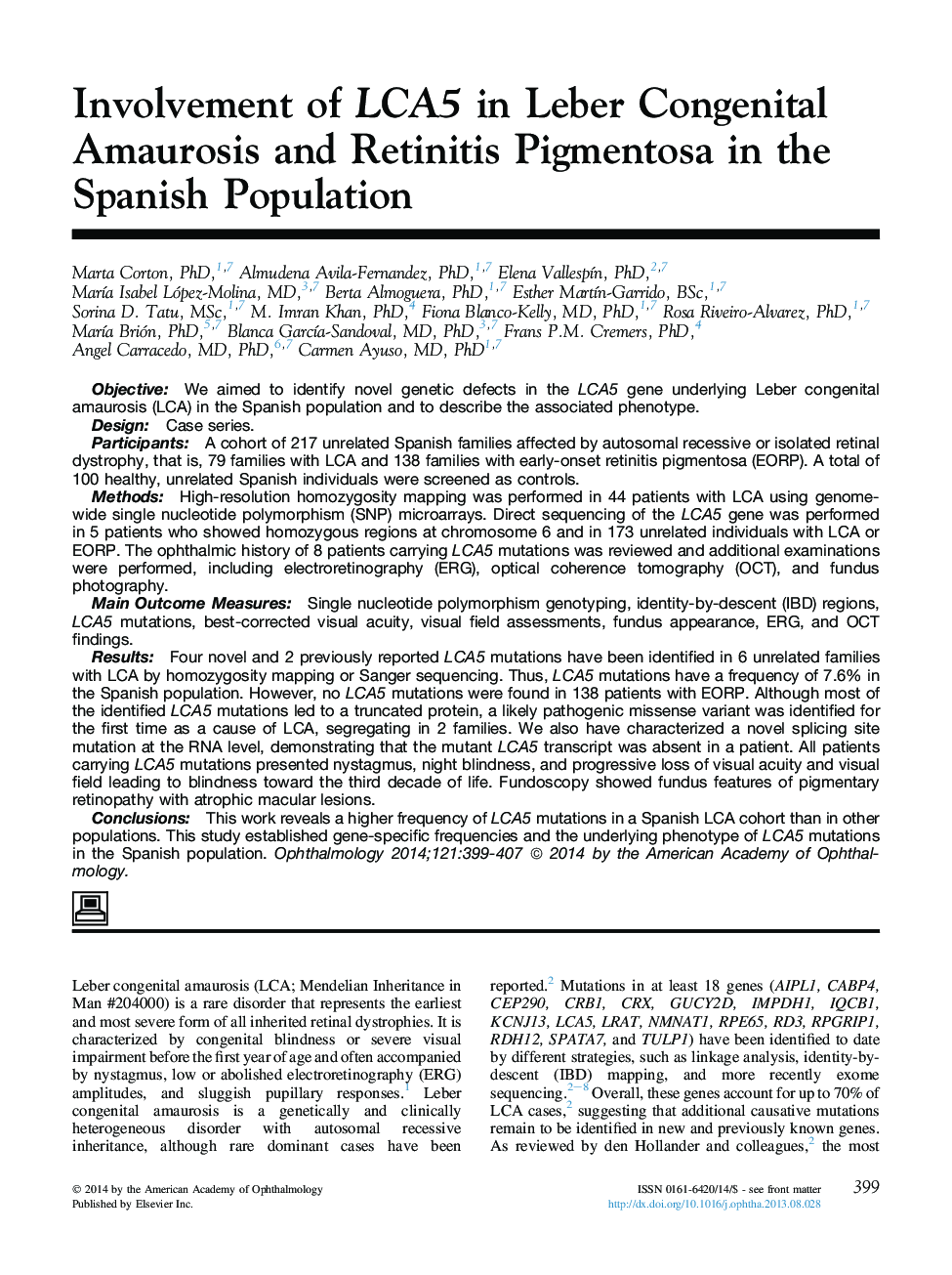 Involvement of LCA5 in Leber Congenital Amaurosis and Retinitis Pigmentosa in the Spanish Population 