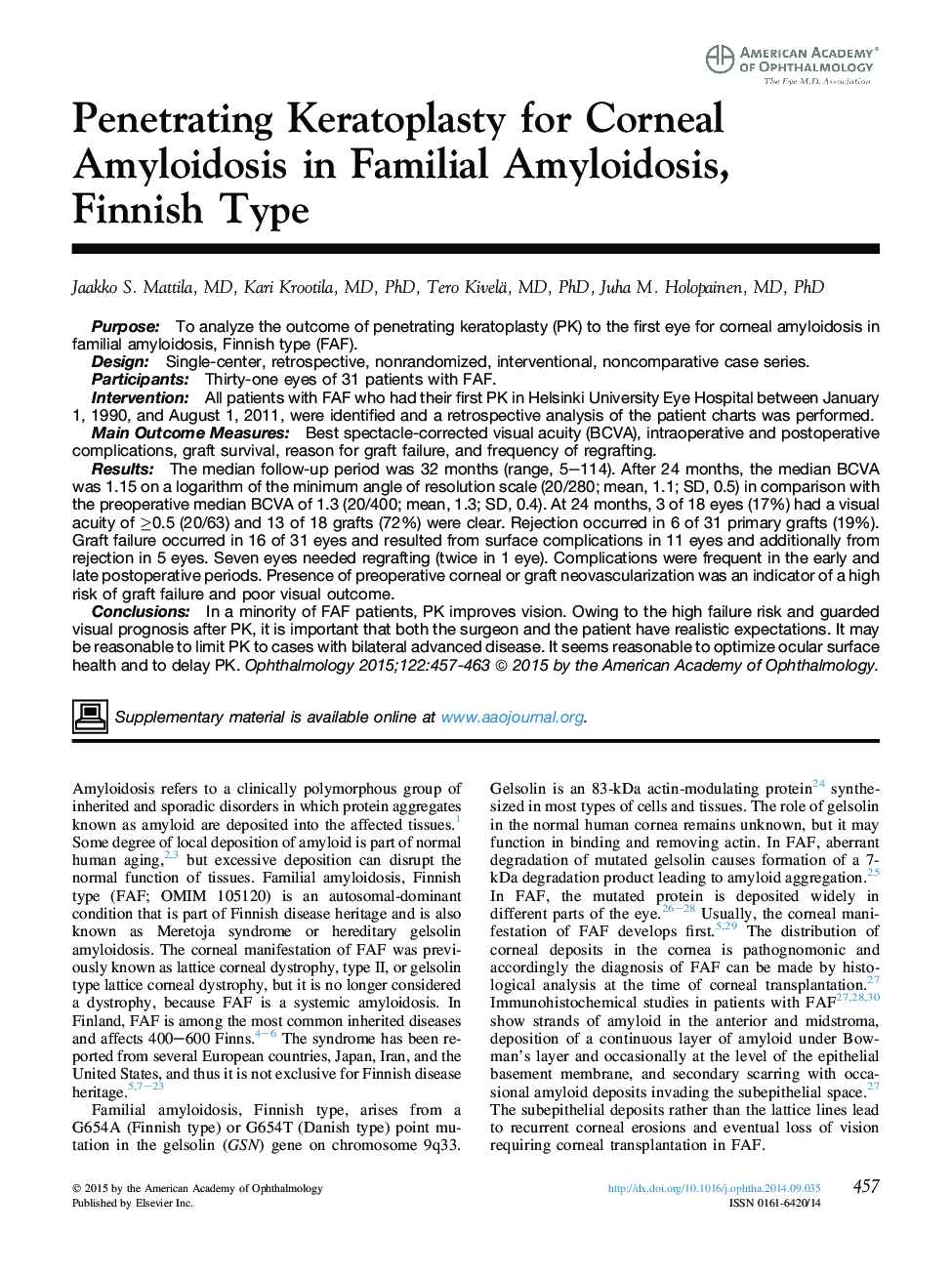 Penetrating Keratoplasty for Corneal Amyloidosis in Familial Amyloidosis, FinnishÂ Type