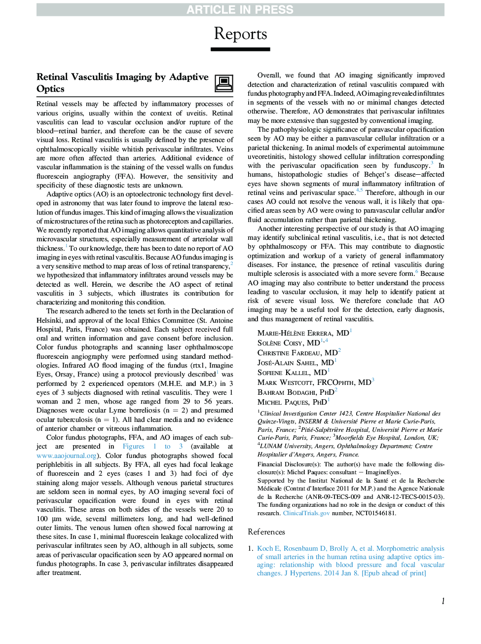 Retinal Vasculitis Imaging by Adaptive Optics