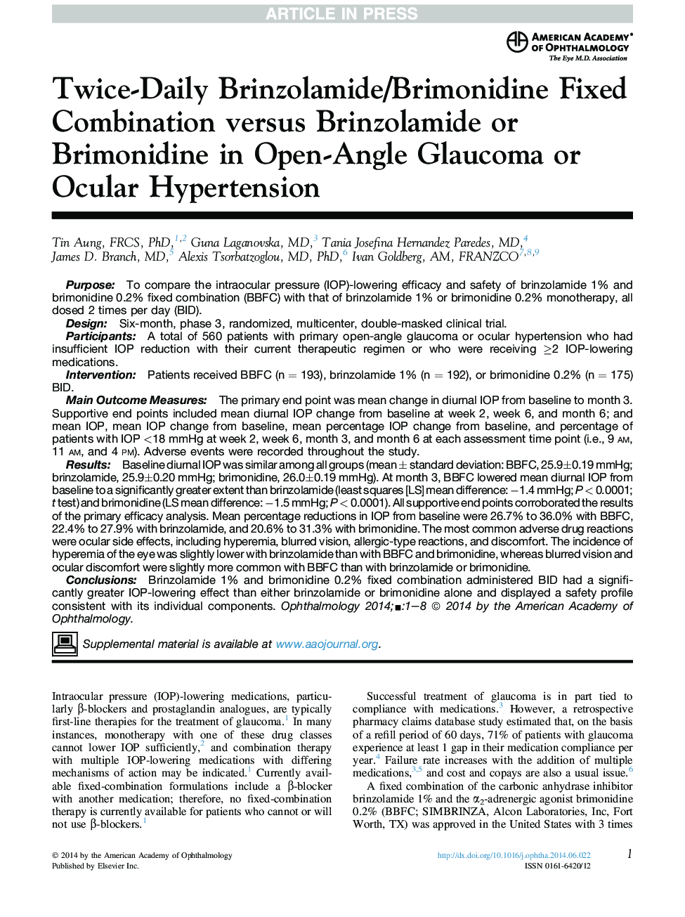 Twice-Daily Brinzolamide/Brimonidine Fixed Combination versus Brinzolamide or Brimonidine in Open-Angle Glaucoma or Ocular Hypertension