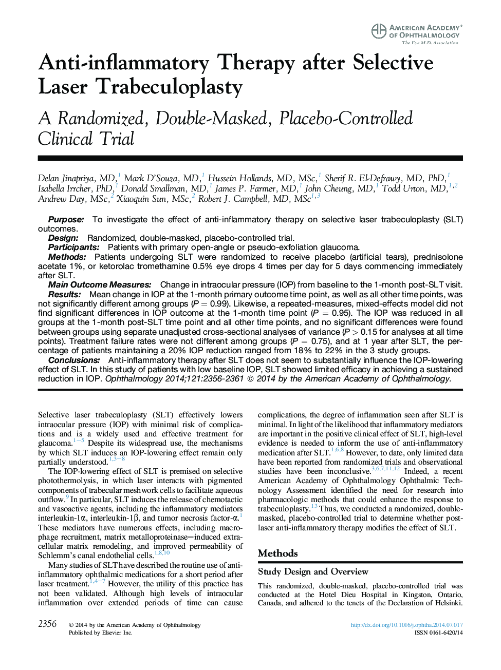 Anti-inflammatory Therapy after Selective Laser Trabeculoplasty : A Randomized, Double-Masked, Placebo-Controlled Clinical Trial