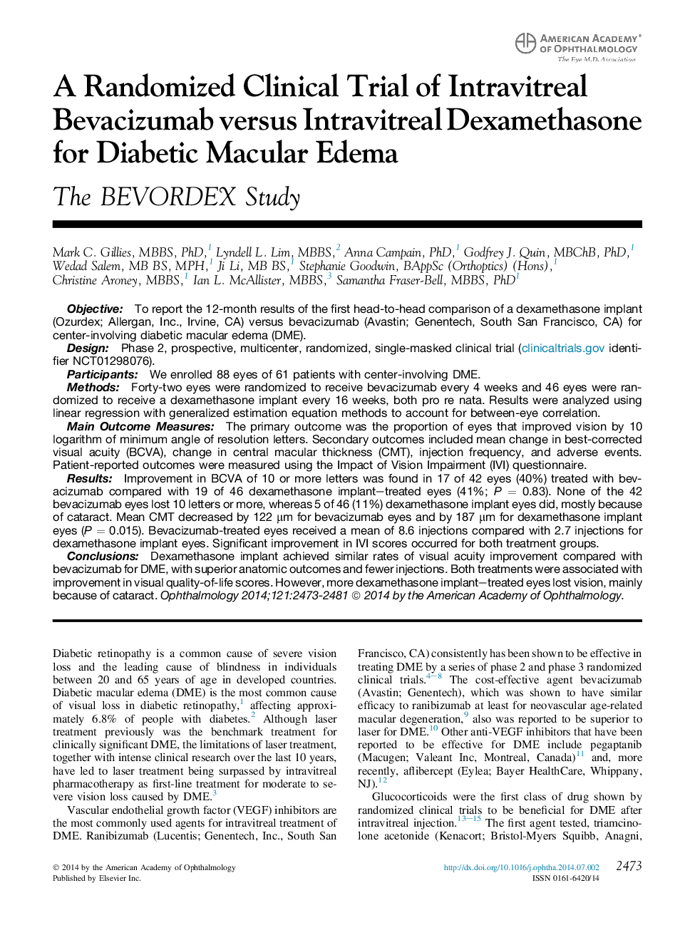 A Randomized Clinical Trial of Intravitreal Bevacizumab versus Intravitreal Dexamethasone for Diabetic Macular Edema : The BEVORDEX Study