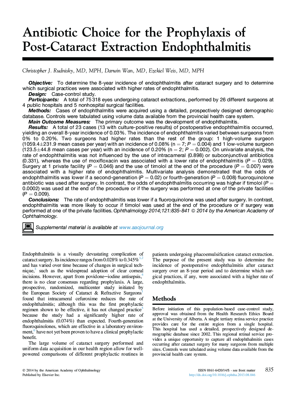 عکس صفحه اول مقاله: Antibiotic Choice for the Prophylaxis of Post-Cataract Extraction Endophthalmitis Antibiotic Choice for the Prophylaxis of Post-Cataract Extraction Endophthalmitis