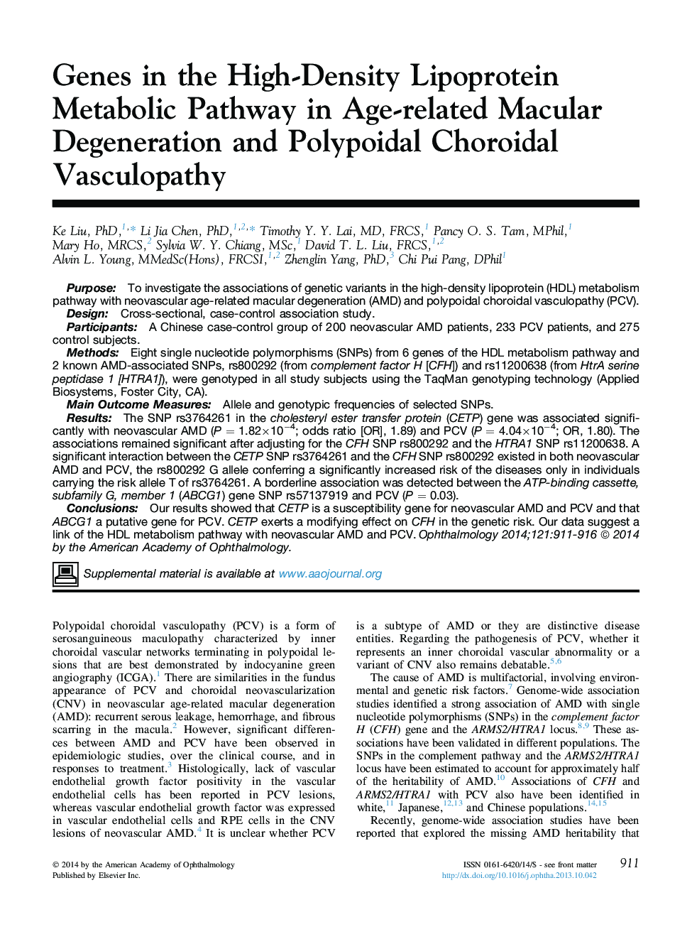 Genes in the High-Density Lipoprotein Metabolic Pathway in Age-related Macular Degeneration and Polypoidal Choroidal Vasculopathy