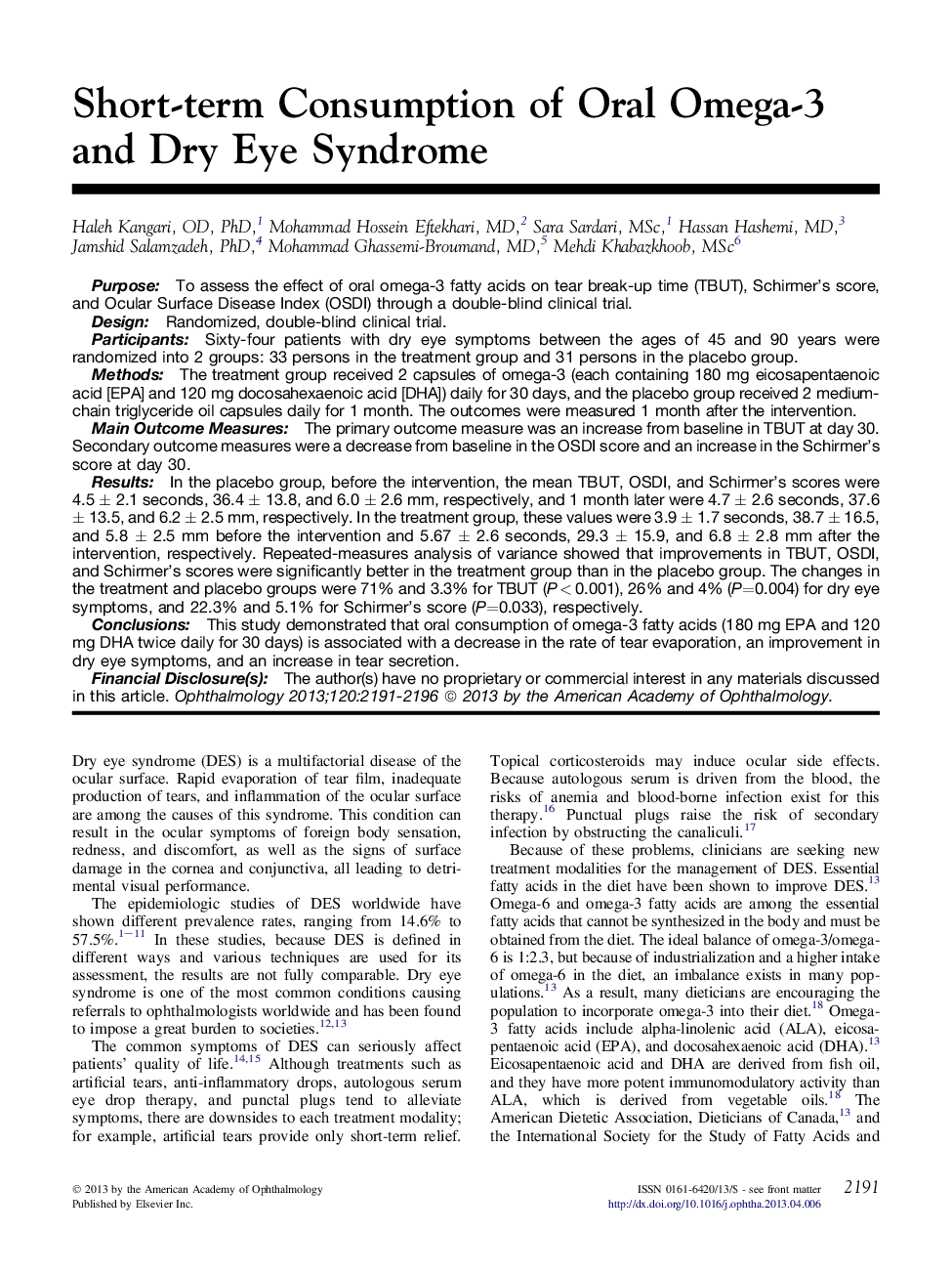 Short-term Consumption of Oral Omega-3 and Dry Eye Syndrome 