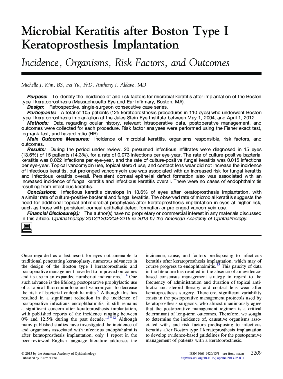 Microbial Keratitis after Boston Type I Keratoprosthesis Implantation