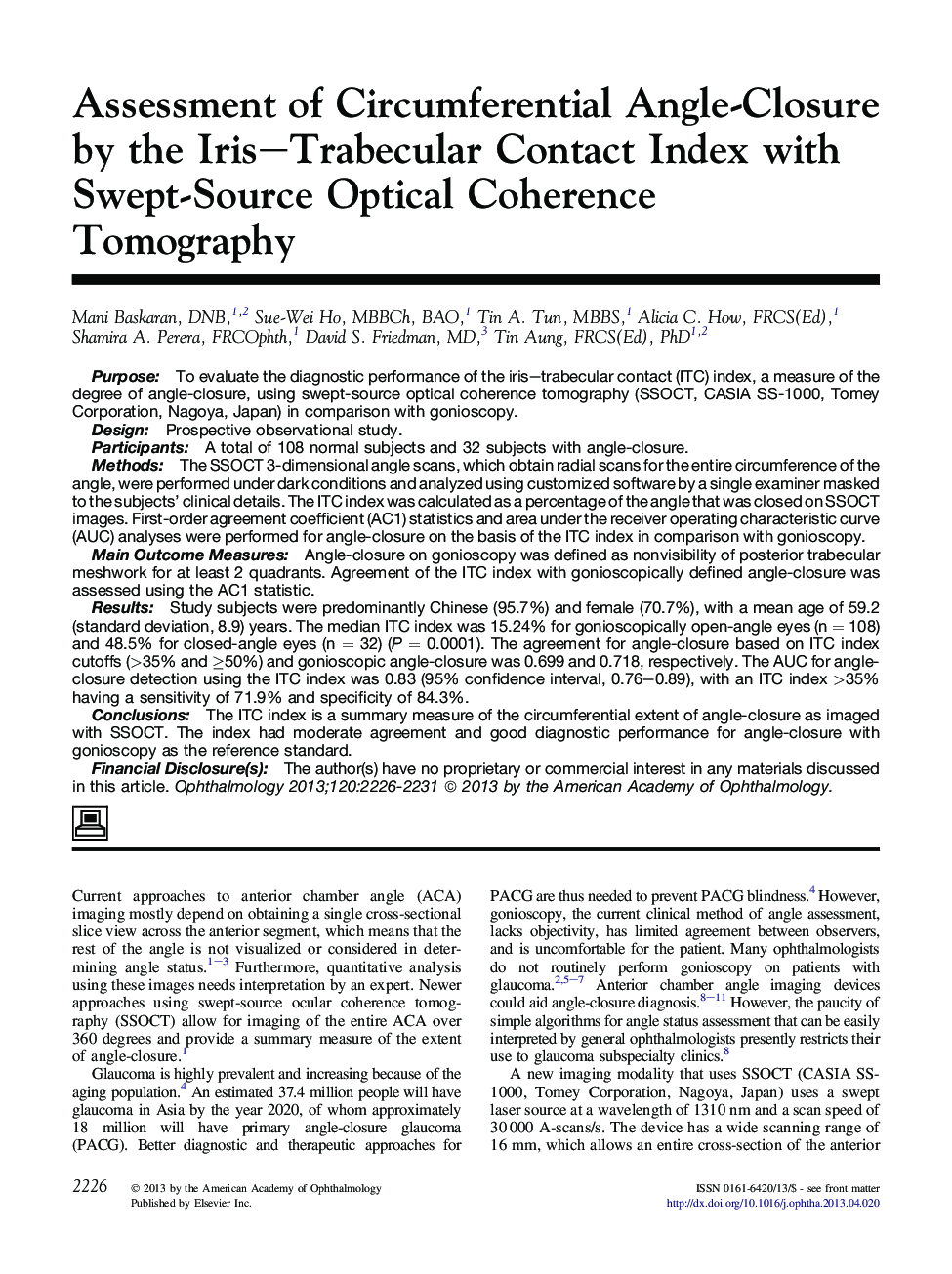 Assessment of Circumferential Angle-Closure by the Iris-Trabecular Contact Index with Swept-Source Optical Coherence Tomography