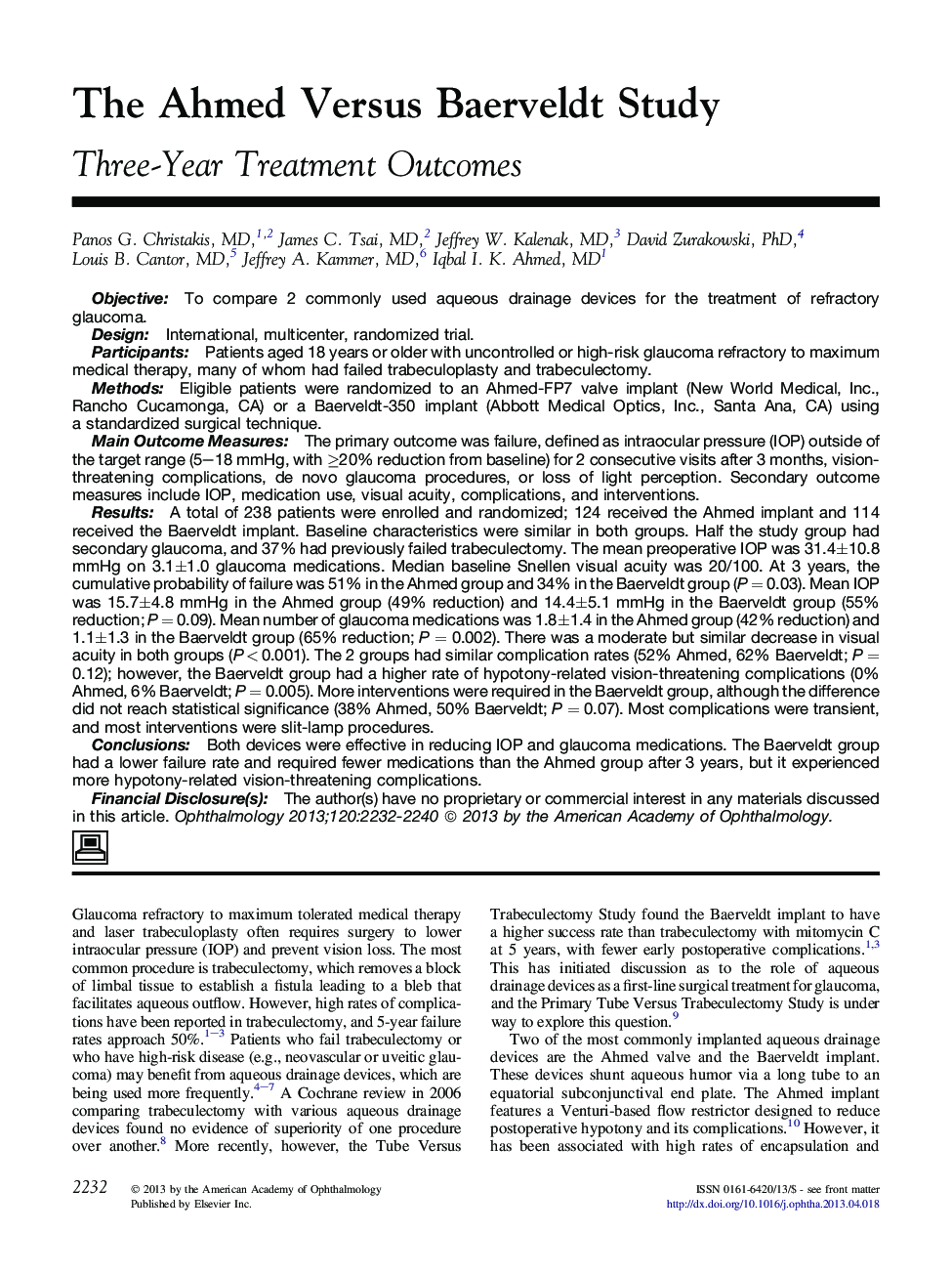 The Ahmed Versus Baerveldt Study : Three-Year Treatment Outcomes