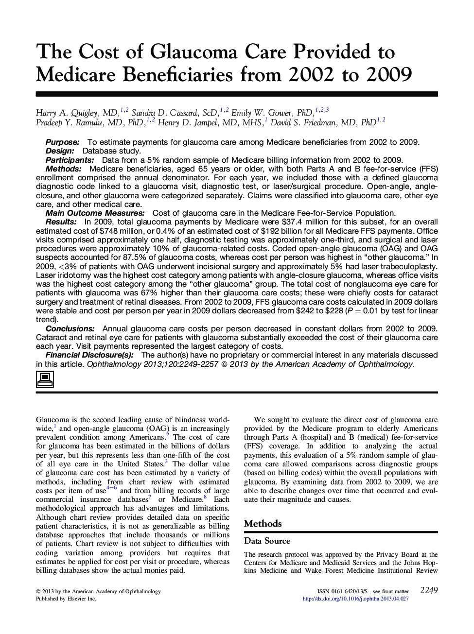 The Cost of Glaucoma Care Provided to Medicare Beneficiaries from 2002 to 2009