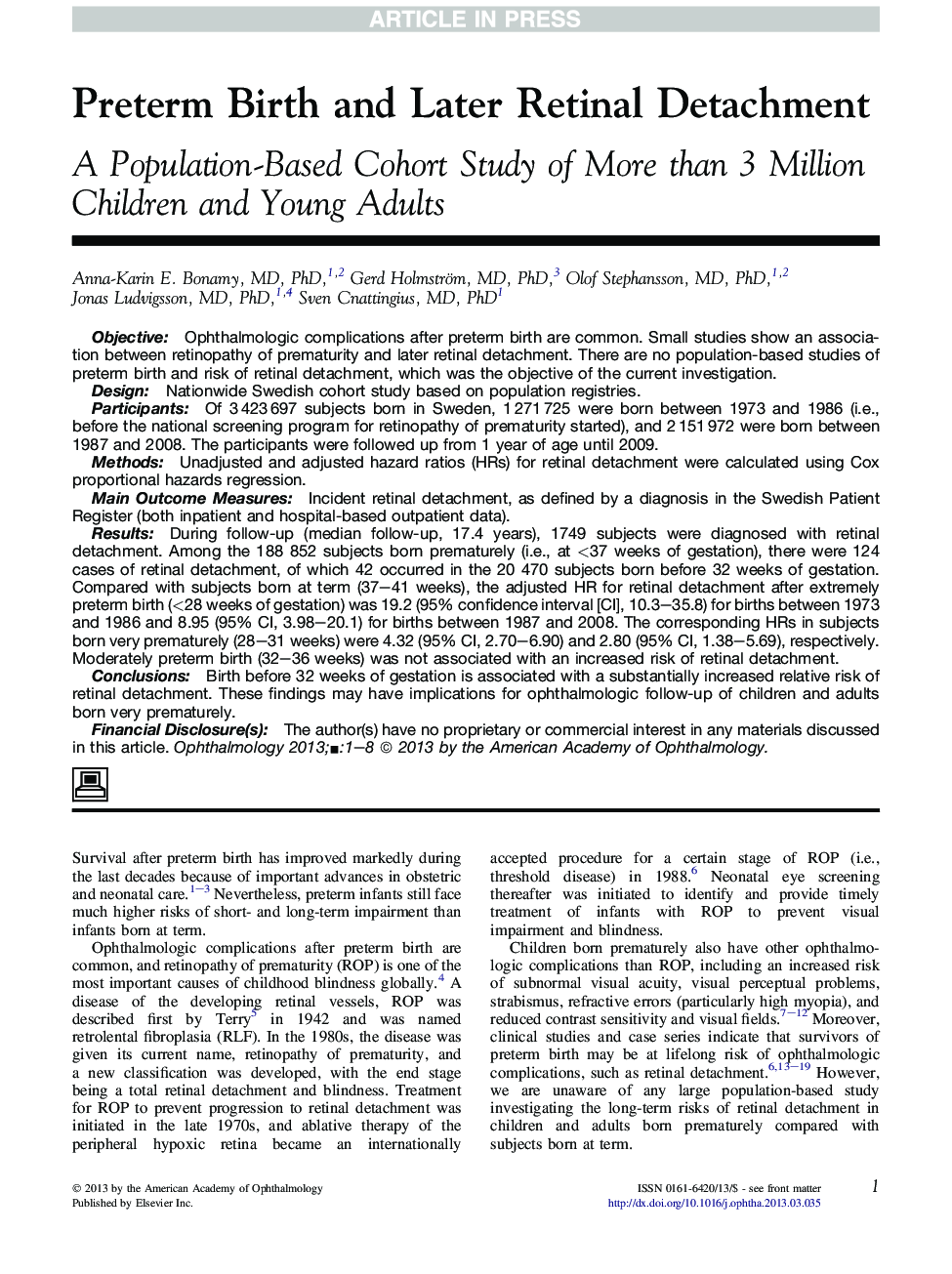 Preterm Birth and Later Retinal Detachment