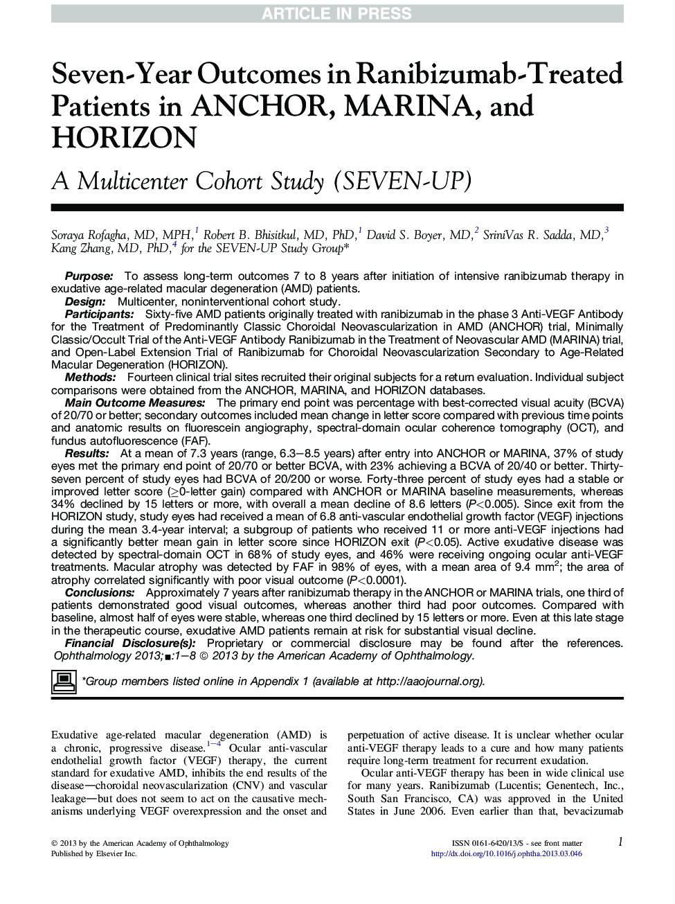 عکس صفحه اول مقاله: Seven-Year Outcomes in Ranibizumab-Treated Patients in ANCHOR, MARINA, and HORIZON Seven-Year Outcomes in Ranibizumab-Treated Patients in ANCHOR, MARINA, and HORIZON