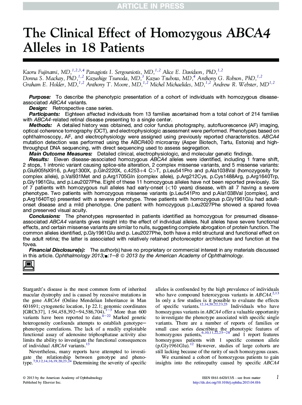 The Clinical Effect of Homozygous ABCA4 Alleles in 18 Patients