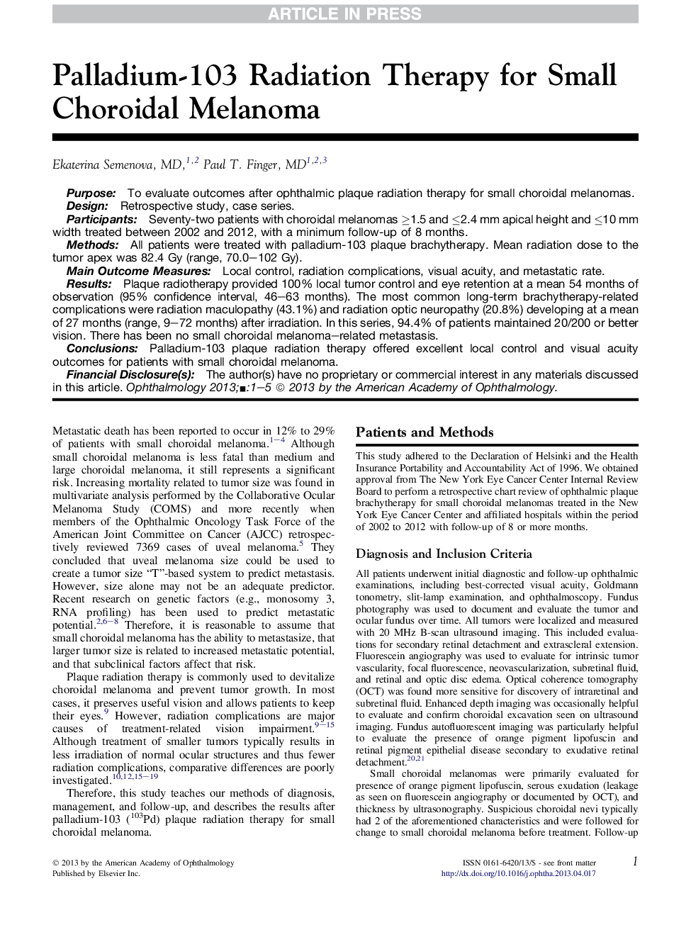 عکس صفحه اول مقاله: Palladium-103 Radiation Therapy for Small Choroidal Melanoma Palladium-103 Radiation Therapy for Small Choroidal Melanoma