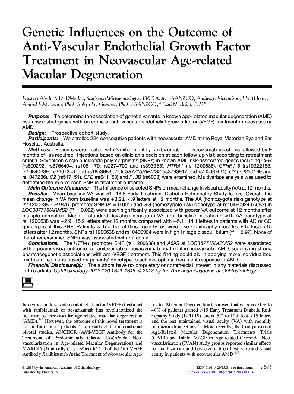 Genetic Influences on the Outcome of Anti-Vascular Endothelial Growth Factor Treatment in Neovascular Age-related Macular Degeneration