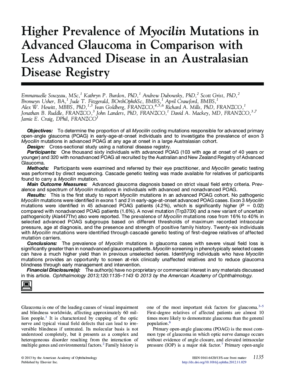 Higher Prevalence of Myocilin Mutations in Advanced Glaucoma in Comparison with Less Advanced Disease in an Australasian Disease Registry