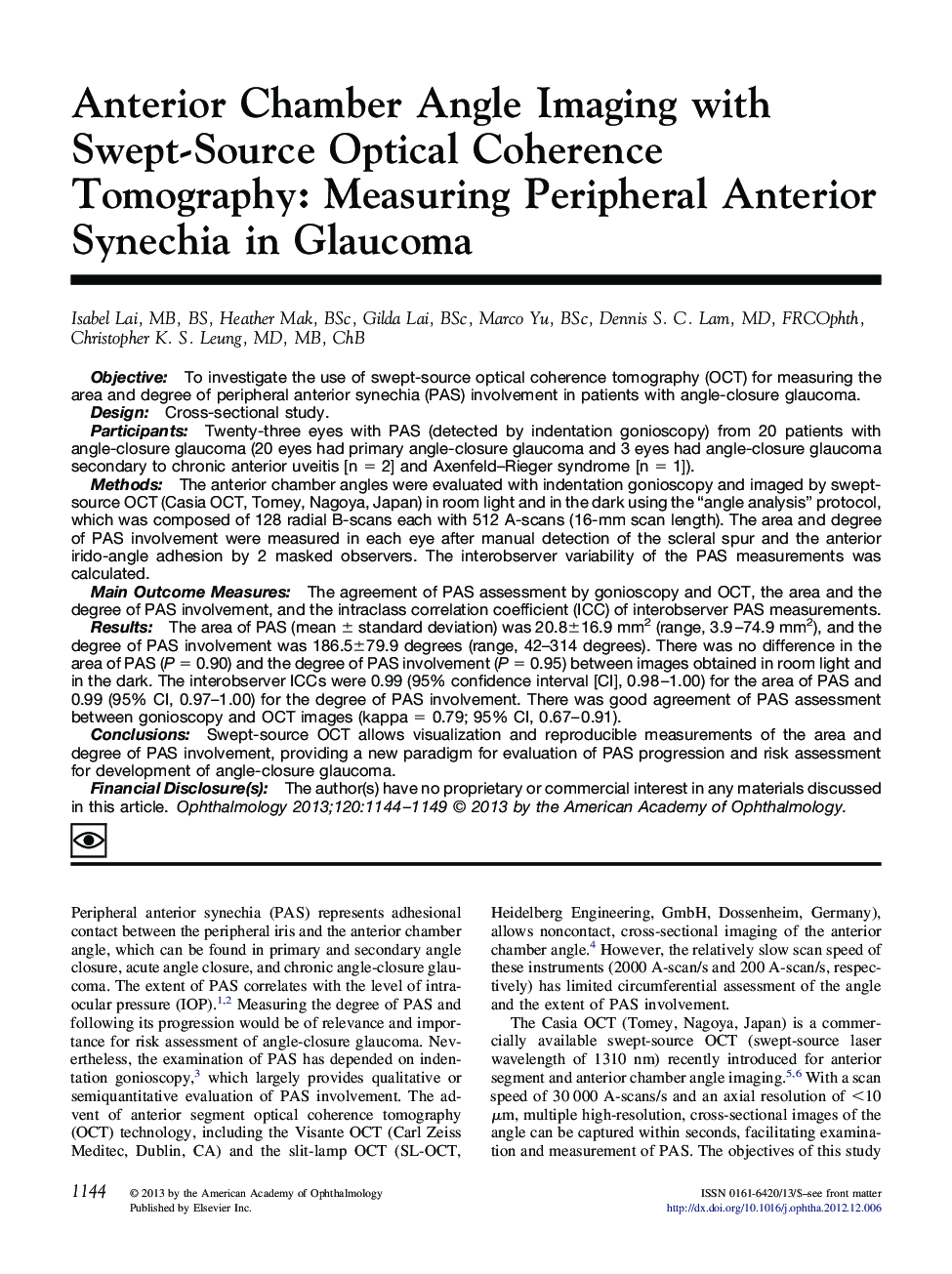 Anterior Chamber Angle Imaging with Swept-Source Optical Coherence Tomography: Measuring Peripheral Anterior Synechia in Glaucoma